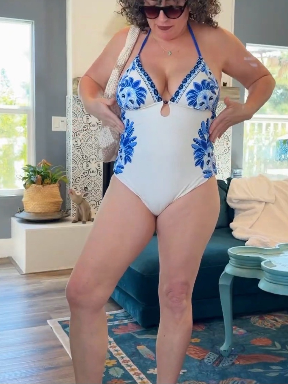 Cupshe White One-Piece Swimsuit with Blue Floral Accents